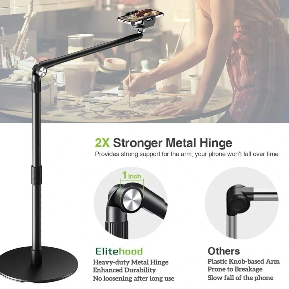 Elitehood Overhead Stand, 15 in Long Arm iPhone Holder 360 Degrees Swivel Tilt